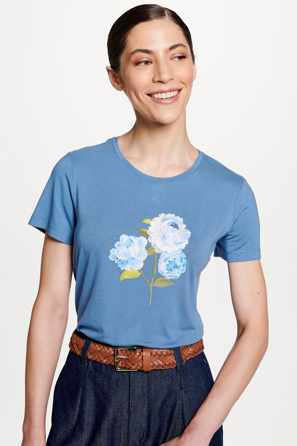 holiday flower カットソー　ブルー HOLIDAY/ホリデイ】SUPER RIB TOP FLOWER（Tシャツ／カットソー